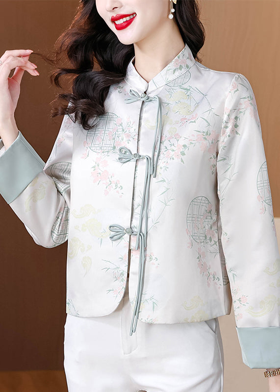 Chic Blue Stand Collar Print Button Silk Coats Fall QO003