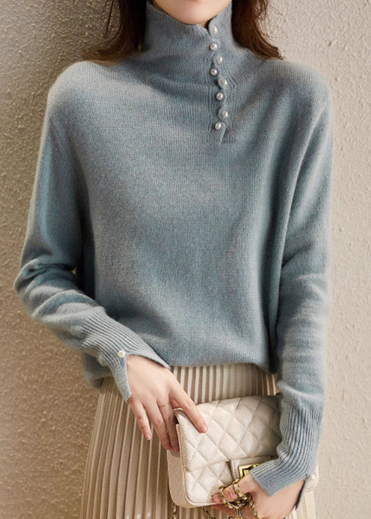 Schicker blauer Rollkragenpullover mit Perlen-Patchwork, gemütlicher Baumwoll-Strickpullover, Frühling TO033