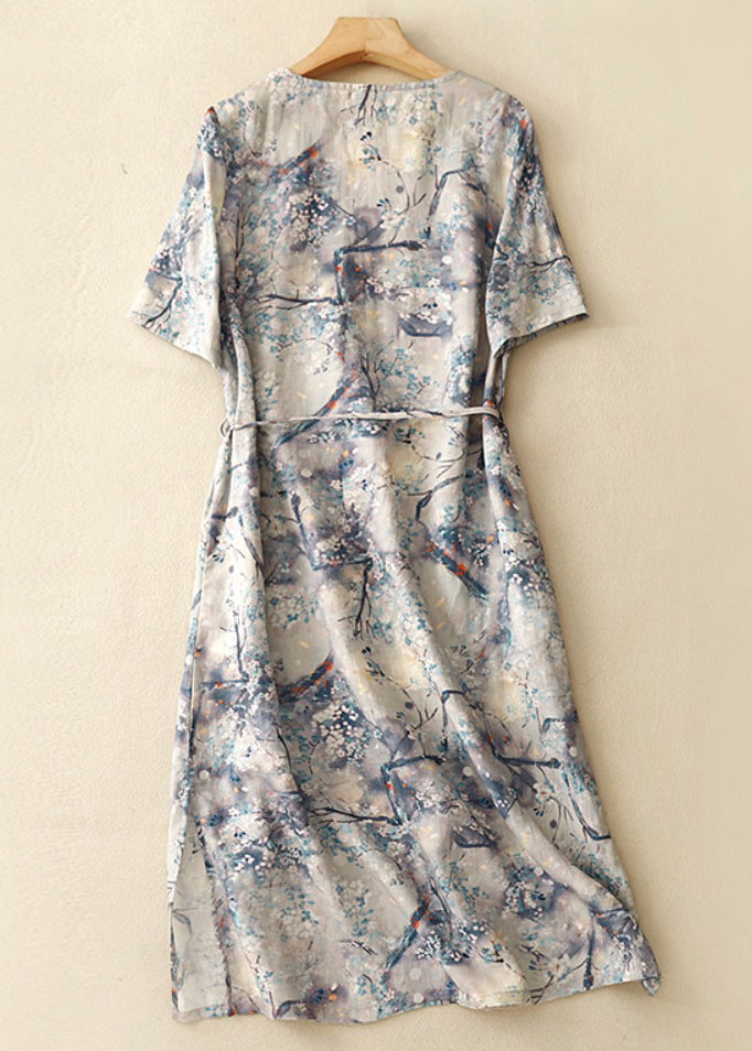 Chic Blue V Neck Print Tie Waist Cotton Dresses Summer GG002