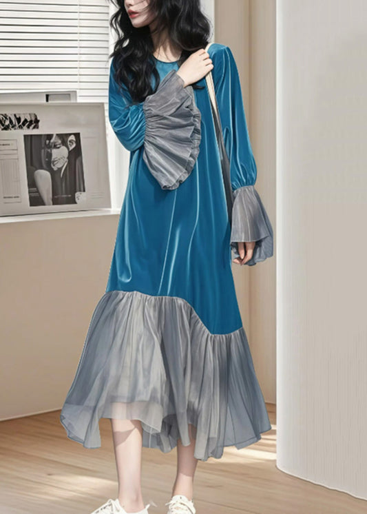 Lange Patchwork-Ärmel Falten Seide Blau Kleid Flare Velvet Chic