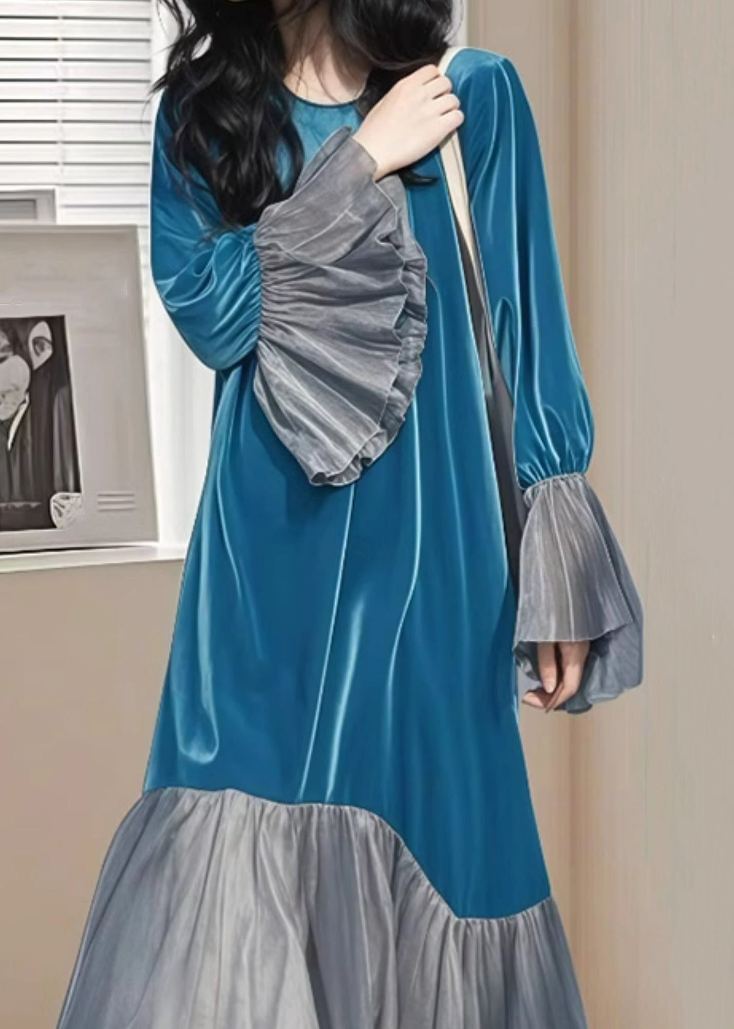 Lange Patchwork-Ärmel Falten Seide Blau Kleid Flare Velvet Chic