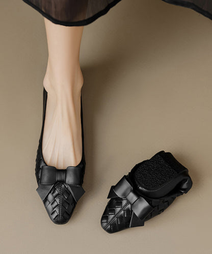 Soft Bow Sheepskin Splicing Chic Flats Black Comfy