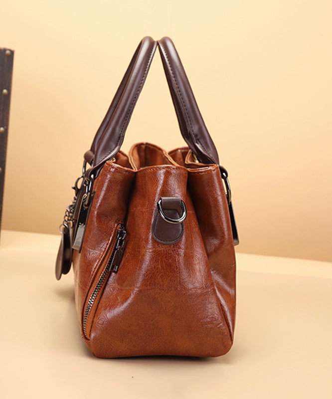 Chic Brown Chain Linked Faux Leather Tote Handbag UU1093