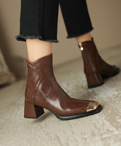 Bottes à talons épais en cuir de vachette marron chic avec fermeture éclair WT013