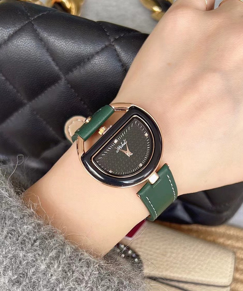 Leather Brown Alloy Chic Crystal Semicircle Watches Hardlex