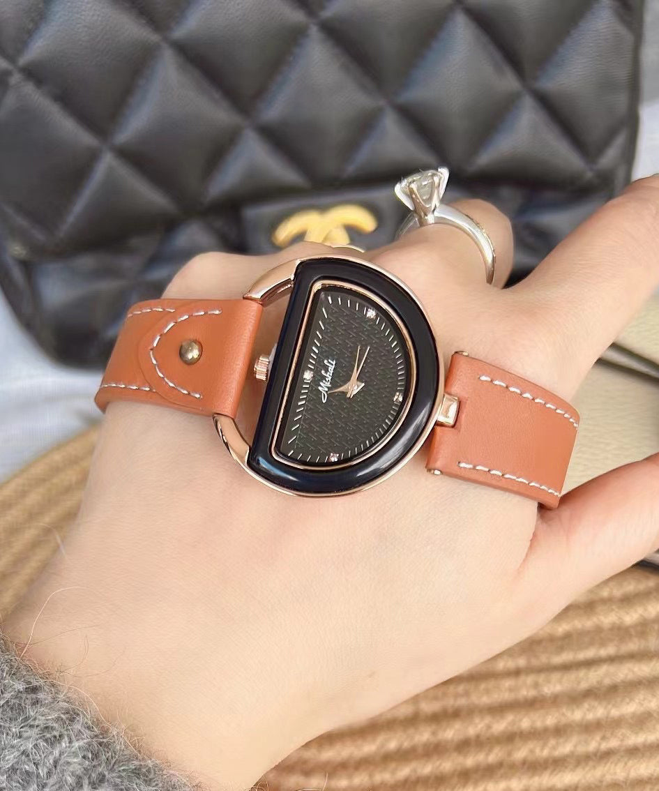 Leather Brown Alloy Chic Crystal Semicircle Watches Hardlex
