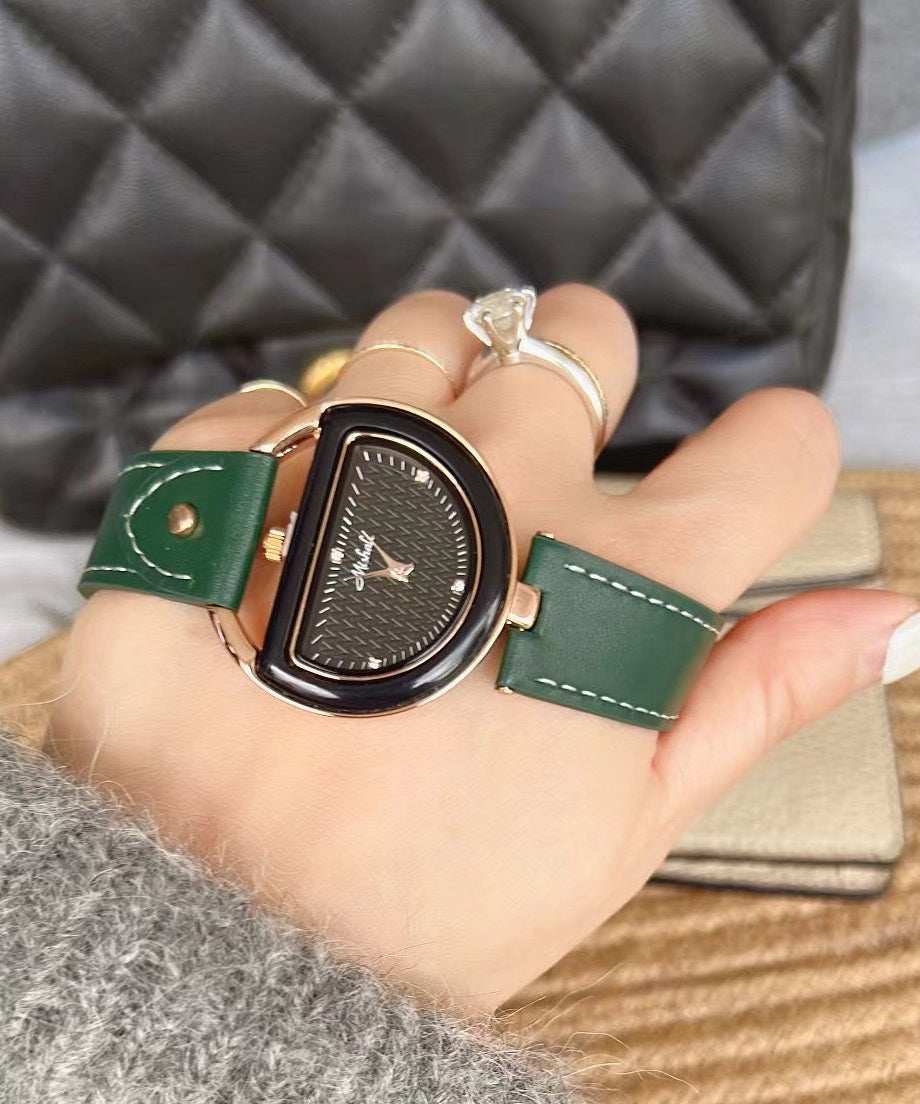 Leather Brown Alloy Chic Crystal Semicircle Watches Hardlex