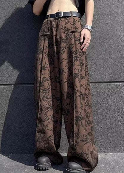 Pantalon d'été chic en coton à jambes larges et imprimé taille haute pour homme