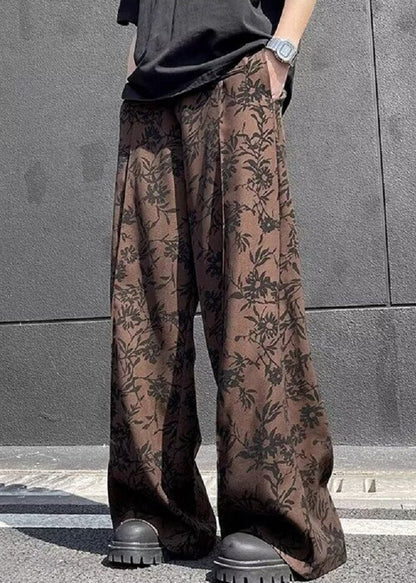 Pantalon d'été chic en coton à jambes larges et imprimé taille haute pour homme