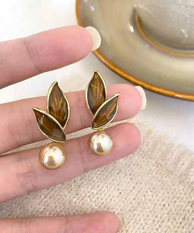 Chic Coffee Sterling Silver Alloy Pearl Leaf Stud Earrings WZ036