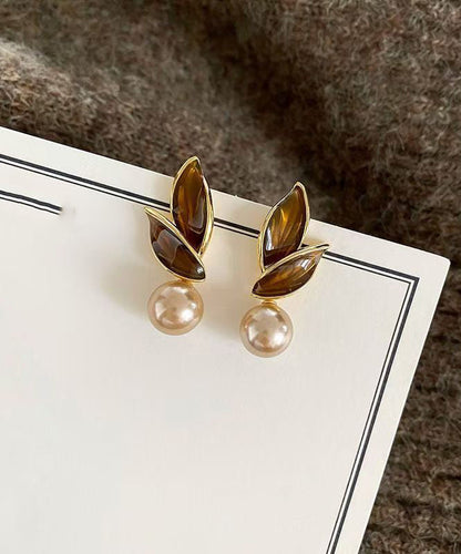 Chic Coffee Sterling Silver Alloy Pearl Leaf Stud Earrings WZ036