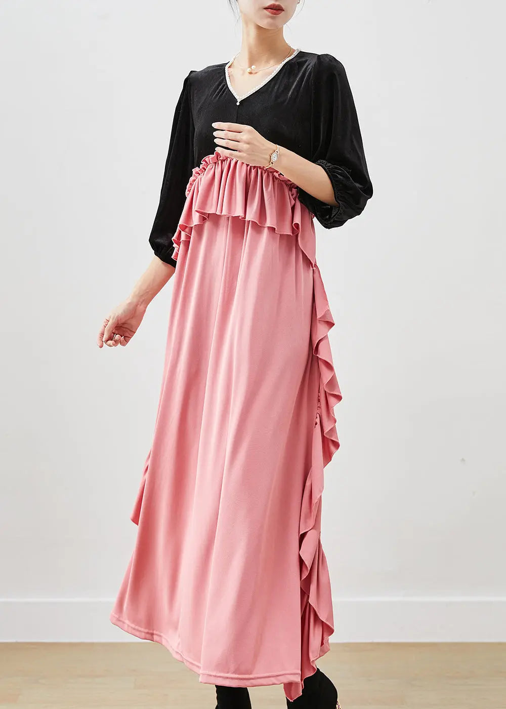 Chic Colorblock Ruffled Patchwork Silk Velour Long Dress Fall Ada Fashion