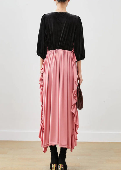 Chic Colorblock Ruffled Patchwork Silk Velour Long Dress Fall Ada Fashion