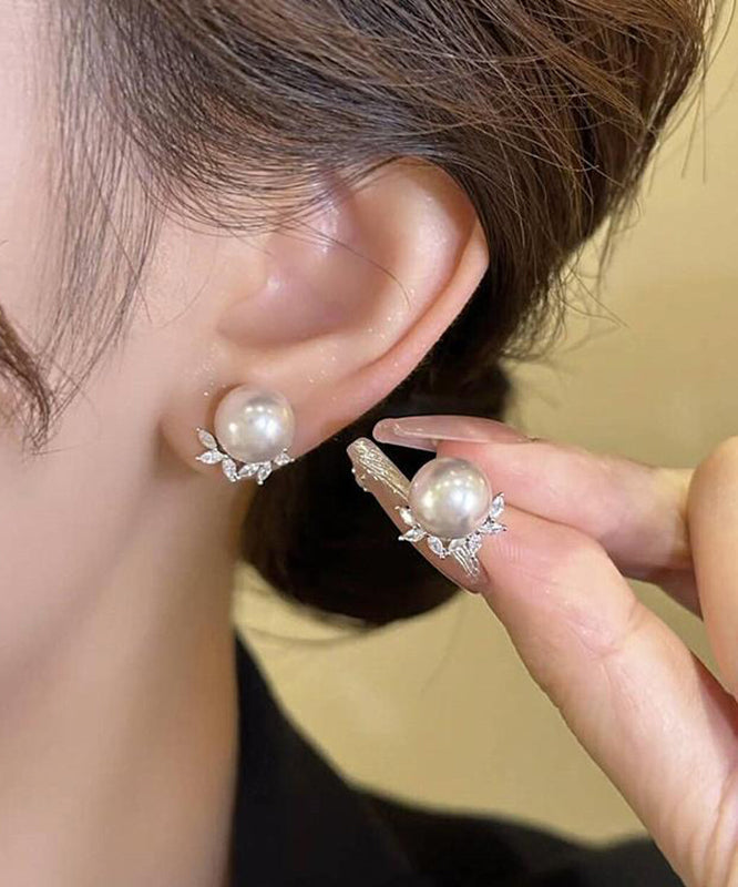 Zircon Copper Chic Earrings Pearl Leaf Stud