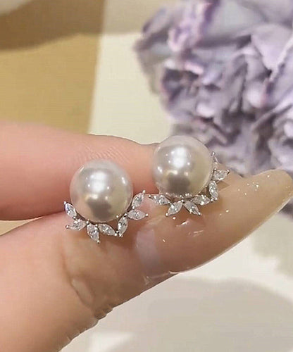 Zircon Copper Chic Earrings Pearl Leaf Stud