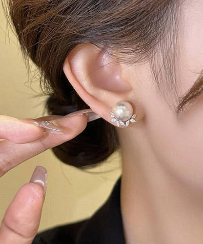 Zircon Copper Chic Earrings Pearl Leaf Stud