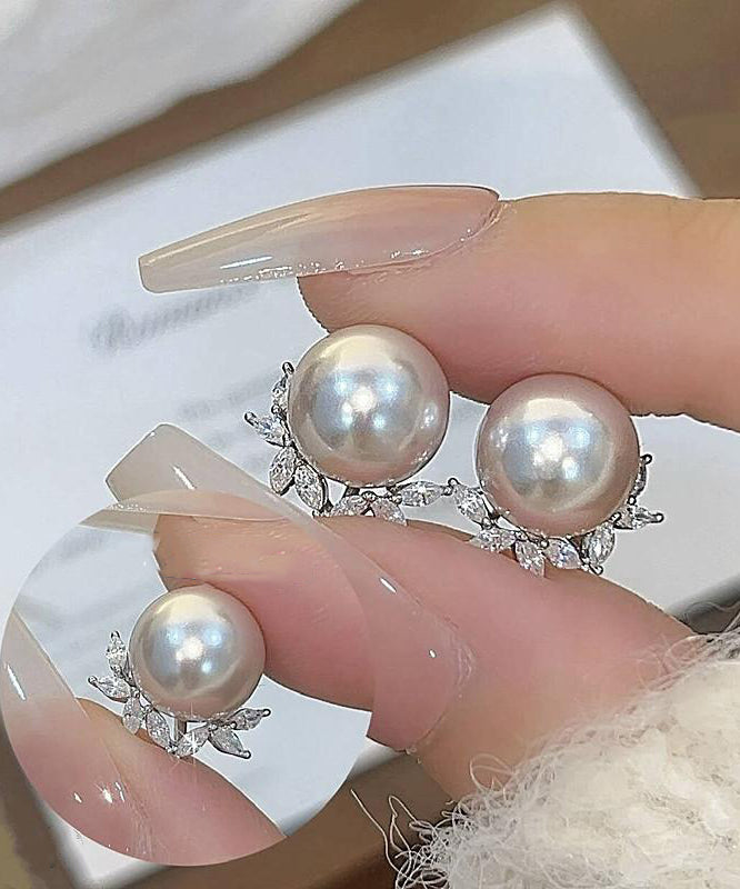 Zircon Copper Chic Earrings Pearl Leaf Stud