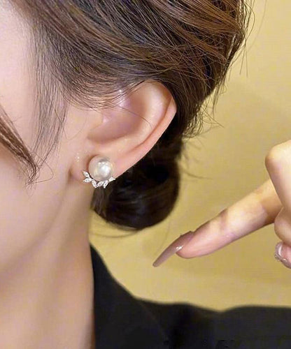 Zircon Copper Chic Earrings Pearl Leaf Stud