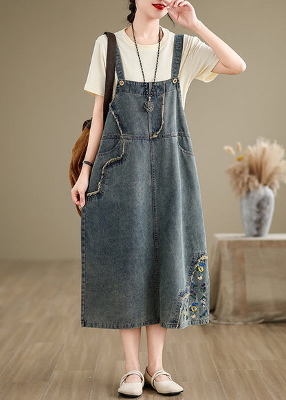 Robe en denim gris chic brodée à bretelles spaghetti sans manches AP064