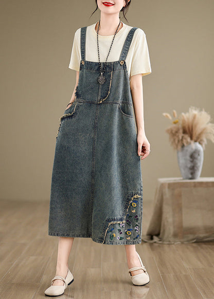 Robe en denim gris chic brodée à bretelles spaghetti sans manches AP064