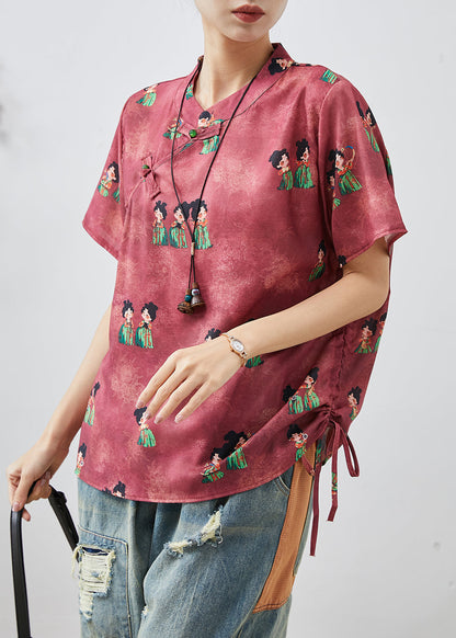 Chemise en soie à boutons chinois à imprimé rouge terne chic été AP1065