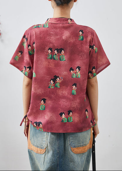 Chemise en soie à boutons chinois à imprimé rouge terne chic été AP1065