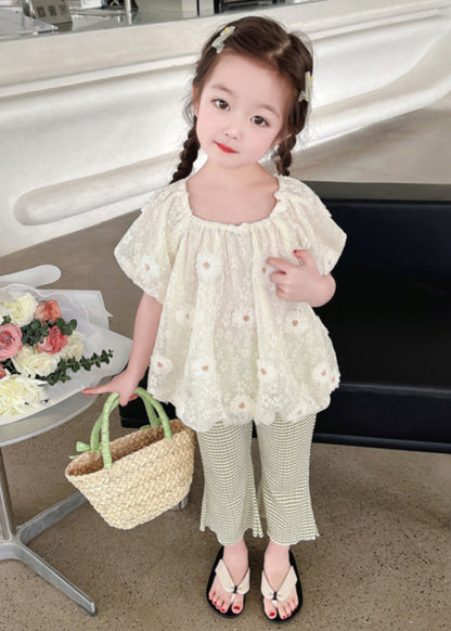 Ensemble deux pièces chemise à fleurs brodée chic et pantalon évasé pour enfants à manches courtes SS1024