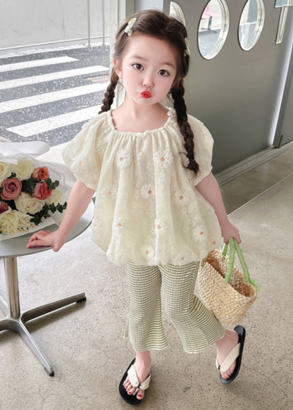 Ensemble deux pièces chemise à fleurs brodée chic et pantalon évasé pour enfants à manches courtes SS1024