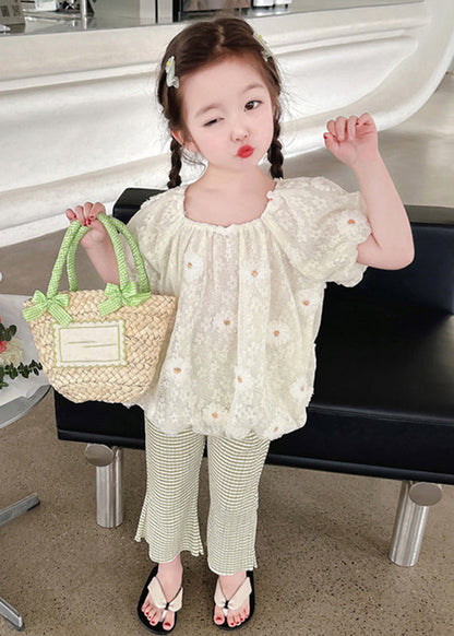 Ensemble deux pièces chemise à fleurs brodée chic et pantalon évasé pour enfants à manches courtes SS1024