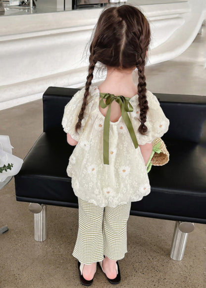 Ensemble deux pièces chemise à fleurs brodée chic et pantalon évasé pour enfants à manches courtes SS1024