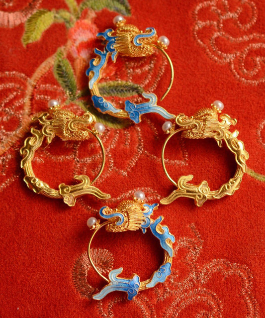 Chic Gold Copper Overgild Pearl Enamel Drago Hoop Earrings WQ031