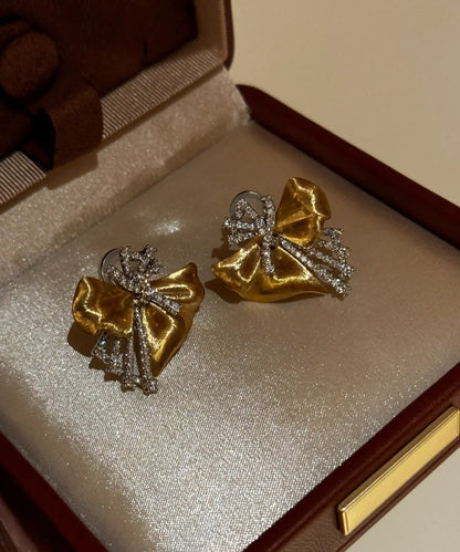 Chic Gold Copper Zircon Asymmetrical Bow Stud Earrings YD002