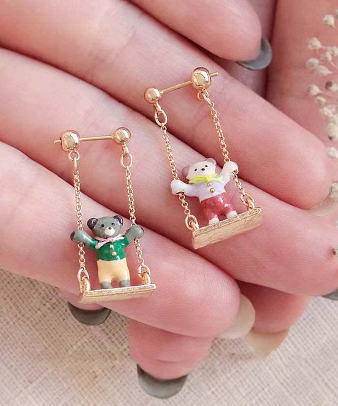 Chic Gold Sterling Silver Overgild Asymmetric Teddy Bear Swinging On A Swing Drop Earrings QD016