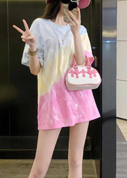 Summer Cotton Shirts Color Tie T Dye Chic Gradient Neck O