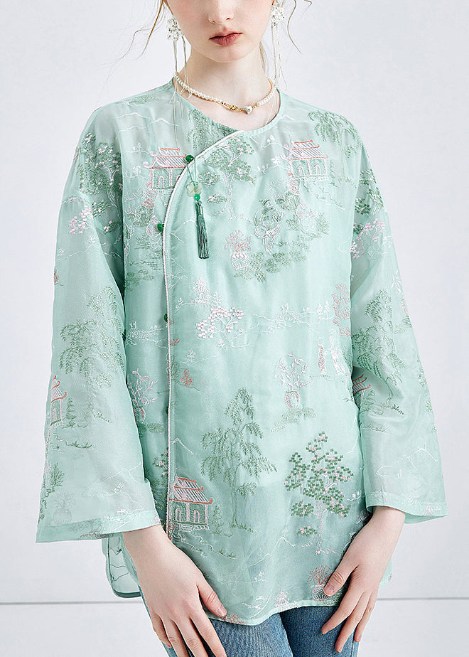 Chic Green Embroidered Button Chiffon 2 Piece Outfit Spring KK050