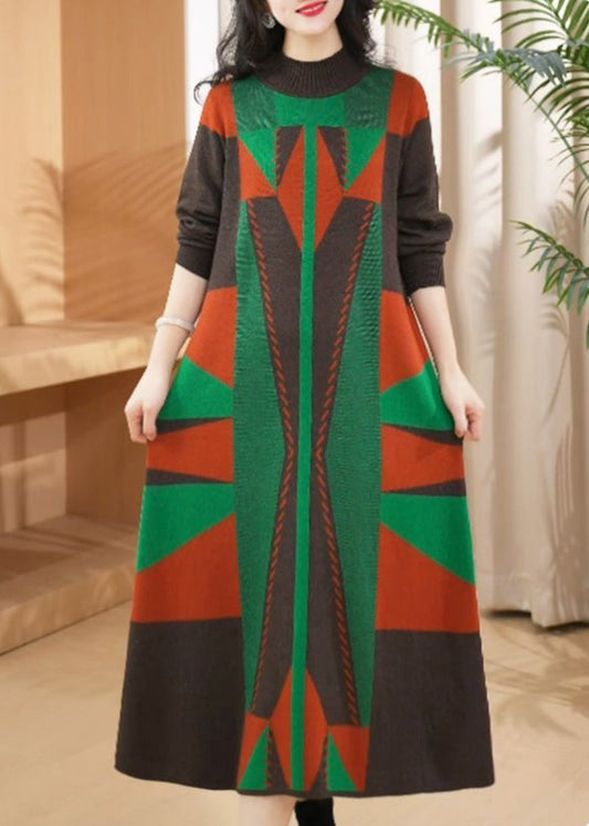 Schickes grünes O-Ausschnitt-geometrisches Woll-Langstrickkleid Winter RF012