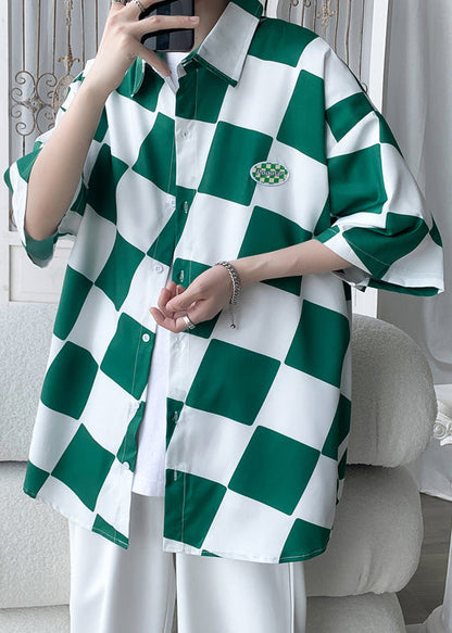 Ice Shirts Ärmel Chic Plaid Grün Kragen Männer Peter Silk Half Pan