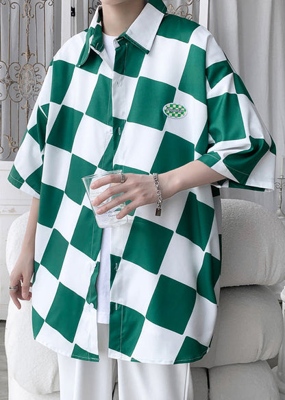 Ice Shirts Ärmel Chic Plaid Grün Kragen Männer Peter Silk Half Pan