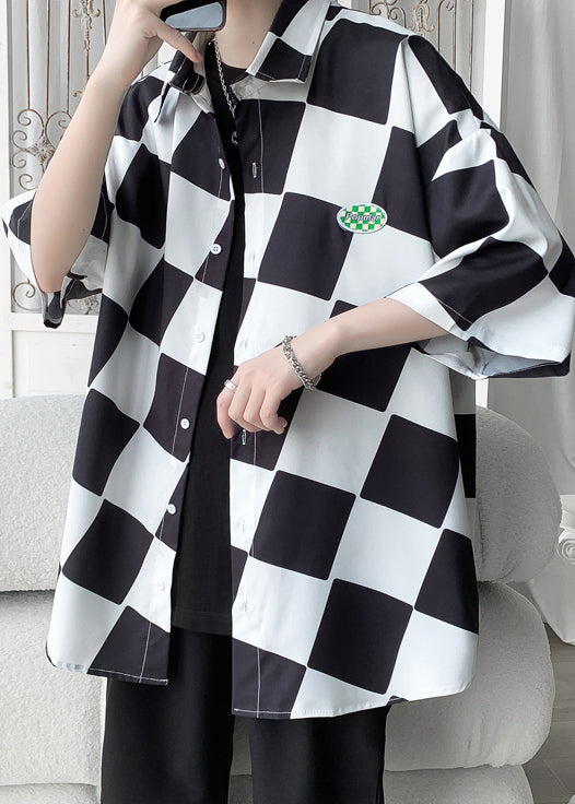 Ice Shirts Ärmel Chic Plaid Grün Kragen Männer Peter Silk Half Pan