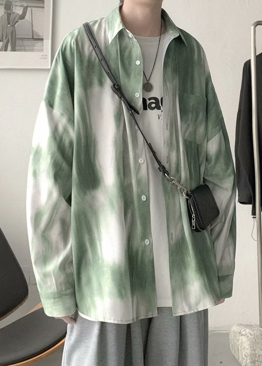 Hemden Herren Pan Frühling Baumwolle Krawatte Chic Peter Kragen Grün Farbstoff