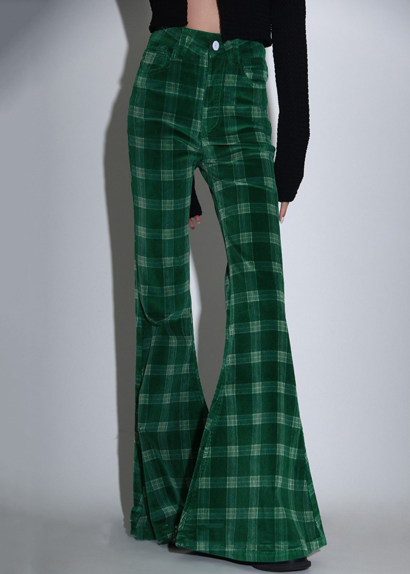 Chic Green Plaid Pockets Corduroy Flare Bottoms Spring Ada Fashion