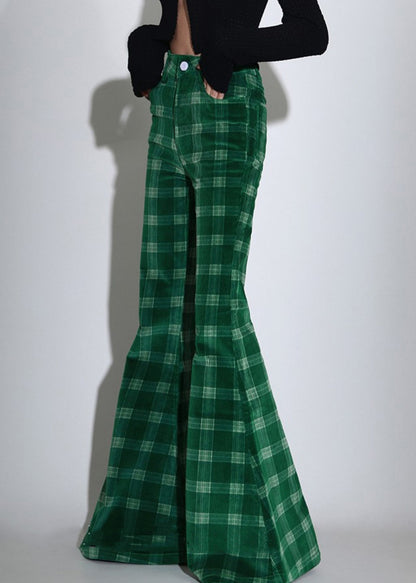 Chic Green Plaid Pockets Corduroy Flare Bottoms Spring Ada Fashion