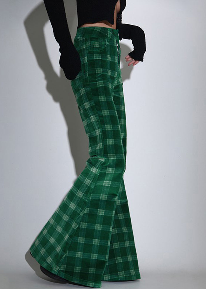 Chic Green Plaid Pockets Corduroy Flare Bottoms Spring Ada Fashion