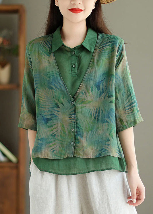 Chic Green Print False Two Pieces Linen Shirt Half Sleeve VV086