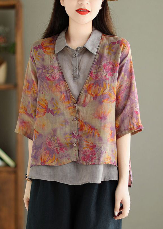 Chic Green Print False Two Pieces Linen Shirt Half Sleeve VV086