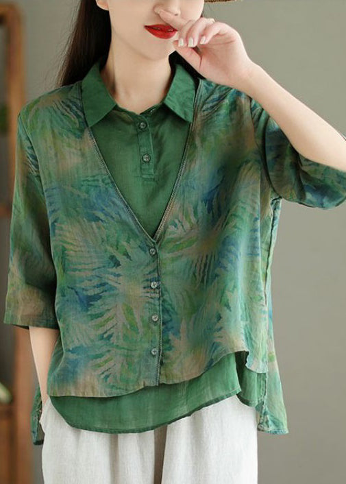 Chic Green Print False Two Pieces Linen Shirt Half Sleeve VV086