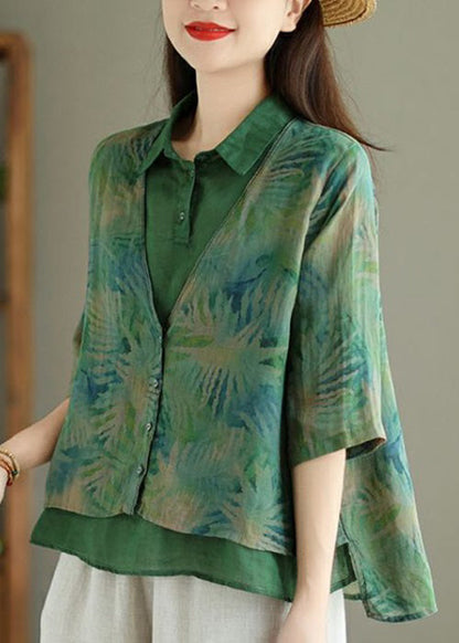 Chic Green Print False Two Pieces Linen Shirt Half Sleeve VV086