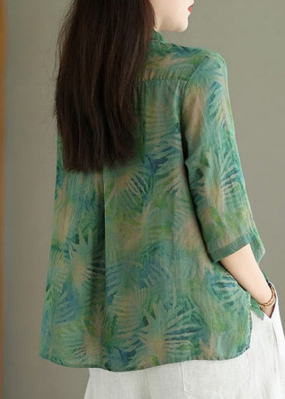 Chic Green Print False Two Pieces Linen Shirt Half Sleeve VV086