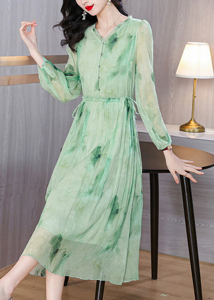 Robe chic en mousseline de soie à lacets et imprimé volants vert été BB034