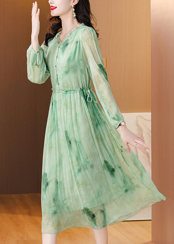 Chic Green Ruffled Print Lace Up Chiffon Dress Summer BB034